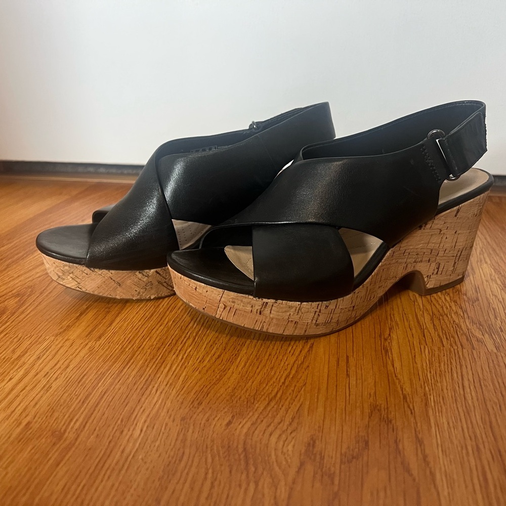 Clarks Black Leather Platform Sandals